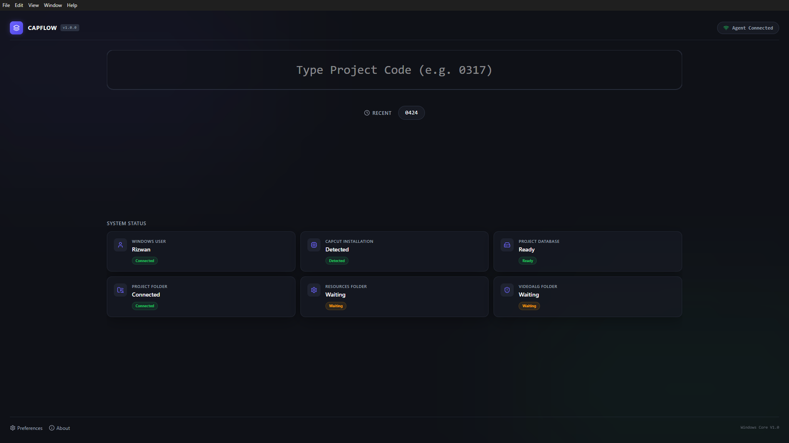 CapFlow main interface — enter project code and view system status